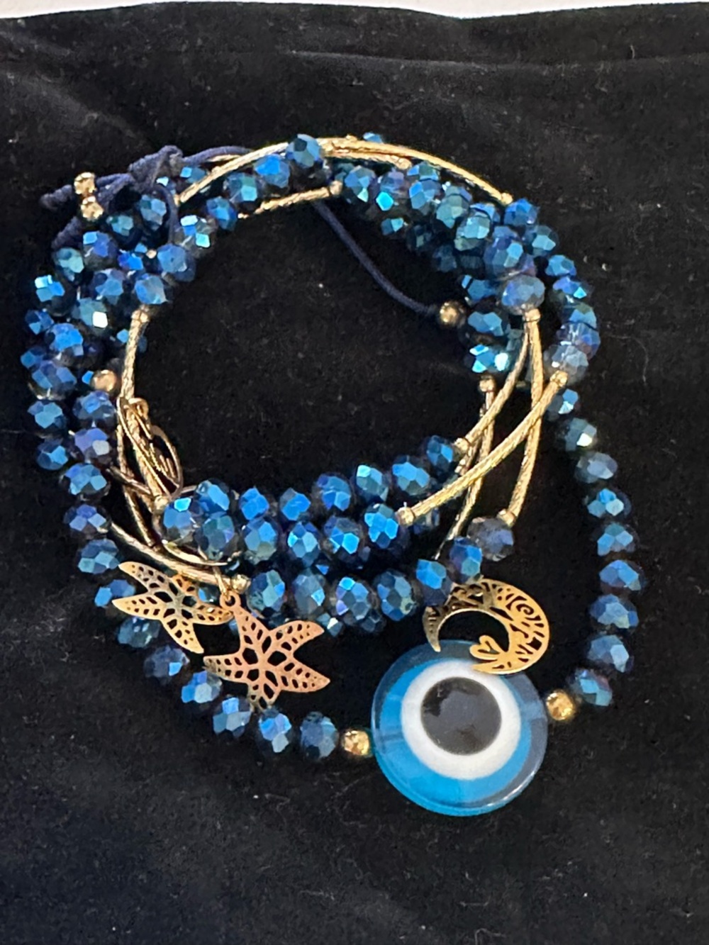 Blue Beaded Evil Eye Wrap Bracelet with Gold Charms by